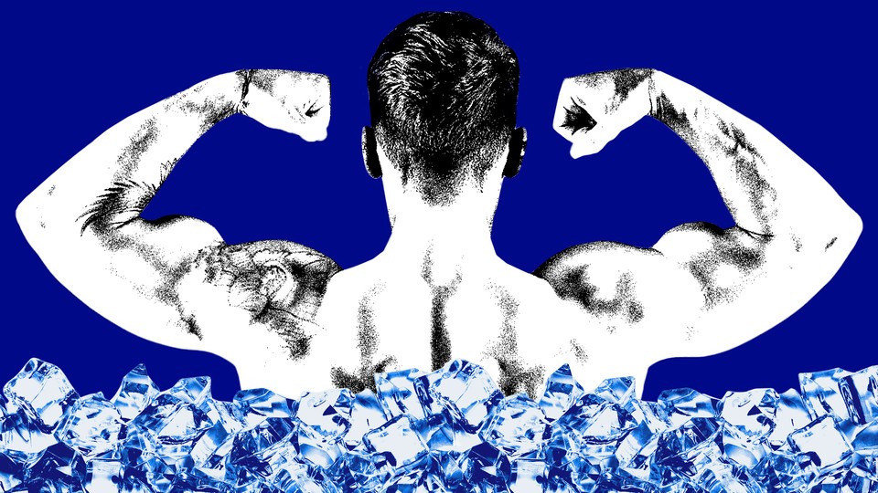 A man flexes his muscles with ice behind him