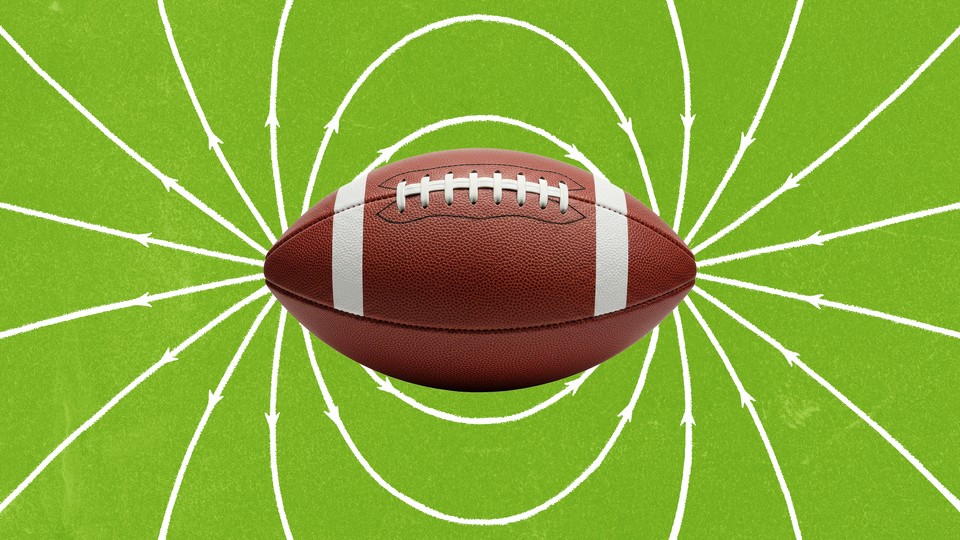 A brown American football floats at the center of a bright-green background, overlaid with white, chalk-like arrows and curved lines radiating outward, resembling a play diagram drawn on a football field.