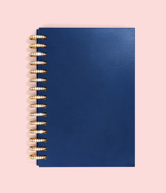 illustration: a navy-blue notebook bound by diamond-and-gold rings