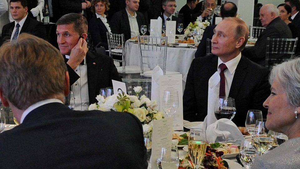 Michael Flynn and Vladimir Putin at a Russia Today anniversary dinner in 2015