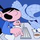An illustration of a woman at her desk in front of a computer, with a humanoid AI coming out of the screen