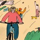 Illustration of a woman riding with her daughter on an e-bike. They are surrounded by trees, birds, and butterflies. A woman nearby walking her dog waves at them.