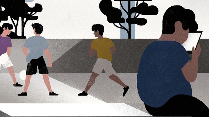 An illustration of three people playing soccer while a third, overweight person sits on the sidelines with a tablet device