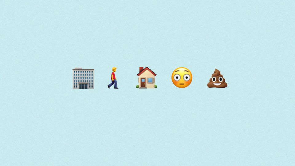 A series of emojis: Office, man walking, house, a flushed wide-eyed face, a smiling poop