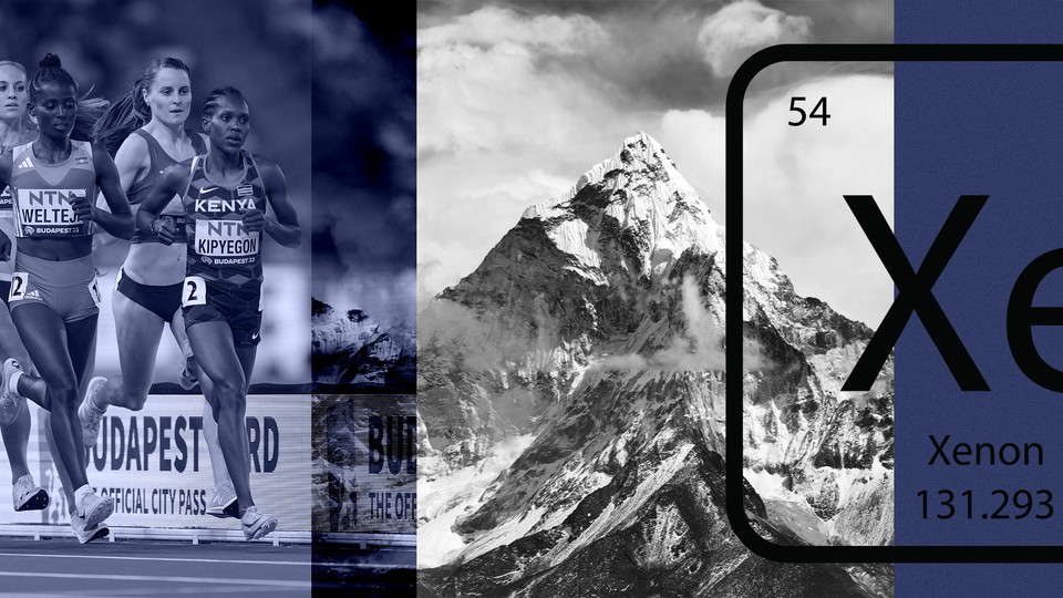 A photo of the Kenyan runner Faith Kipyegon next to a photo of Mt. Everest