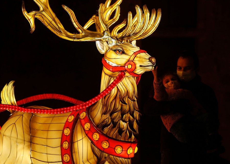 People view a large illuminated sculpture of a reindeer.