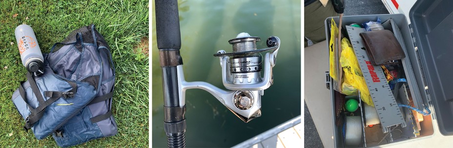 3 photos: worn life vest and gray water bottle on grass; closeup of fishing reel on rod; open tackle box with gear and brown wallet on top
