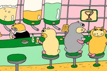 Three hamsters sitting at a bar