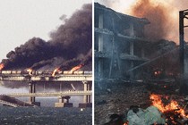 From left to right: a fire on the Kerch bridge from Crimea to Russia; a Kyiv power station struck by a Russian missile.