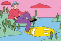 An illustration of a man sitting in a miniature landscape with his feet in a river where a smiley face is reflected