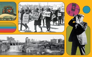 Photo collage on a yellow background