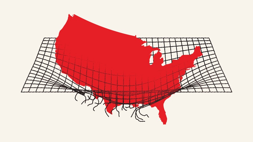 An illustration showing the United States breaking through a safety net