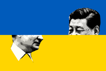 A Ukrainian flag with images of Xi Jinping and Vladimir Putin