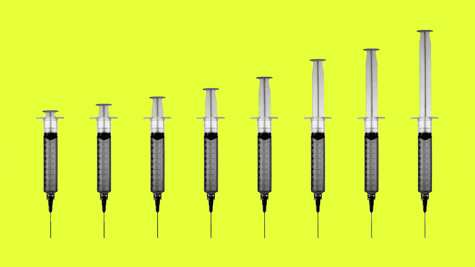 An animated line of vaccine shots, with their back handles rising like an upward-sloping graph