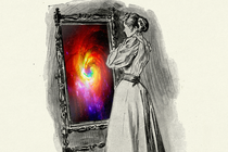 An illustration of a woman standing in front of a mirror with an image of the cosmos in it