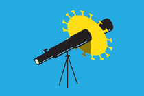 An illustration of a telescope with a coronavirus shape nearby