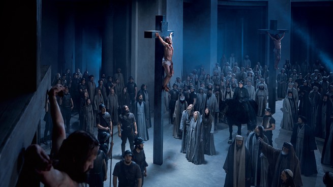 Jesus being crucified in passion play. 