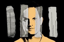 An illustration of the journalist Evan Gershkovich with strips of paper superimposed like bars