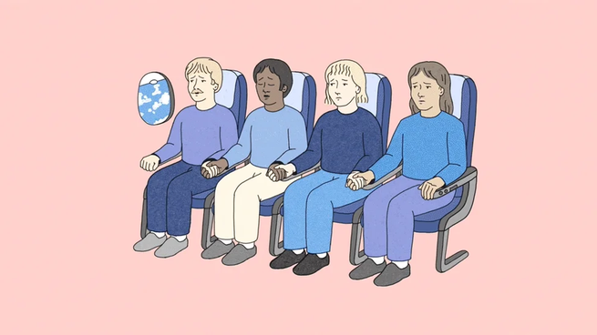 Illustration of a row of four airplane seats next to a window with a person in each seat holding the hand of the person next to them, on a light-pink background.