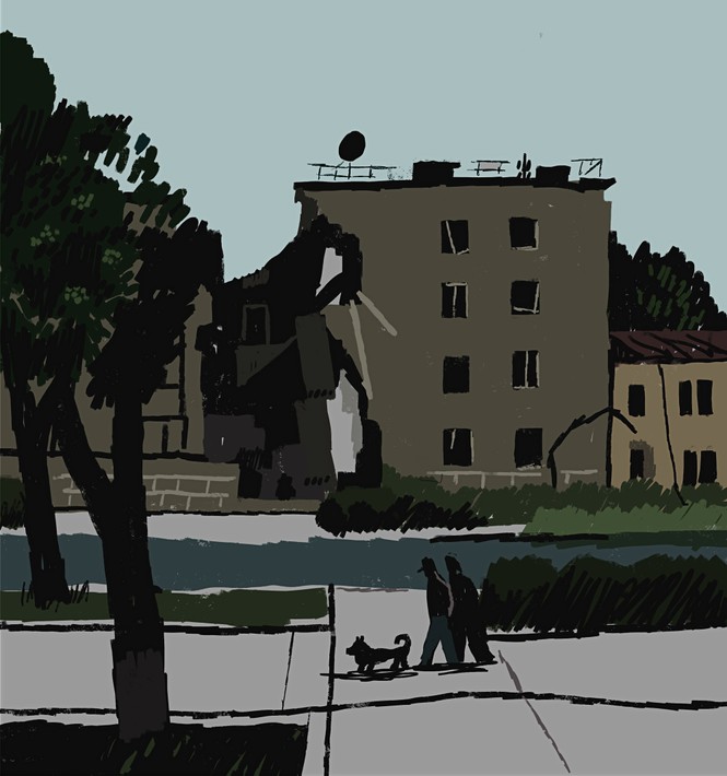 illustration of two people walking dog on sidewalk in front of half-destroyed apartment building