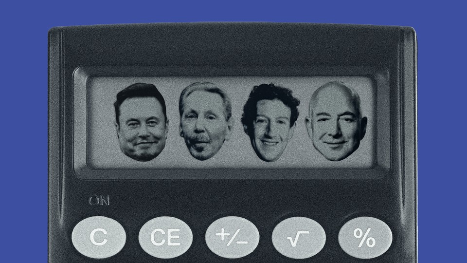 A calculator in front of a blue background with the faces of Elon Musk, Larry Ellison, Mark Zuckerberg, and Jeff Bezos on it’s screen