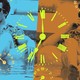 A still of Andy Samberg from the movie "Palm Springs" is covered in images of clocks