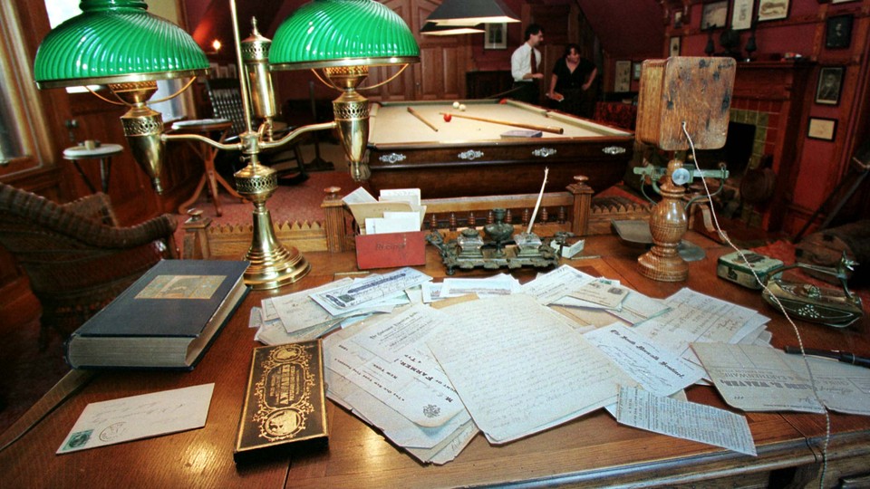 Mark Twain's desk at his home in Hartford, Connecticut, including his telephone