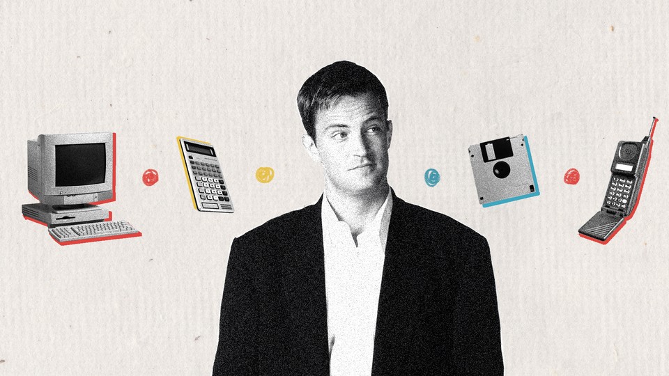 Matthew Perry in front of a computer, a calculator, a floppy disk, and a phone