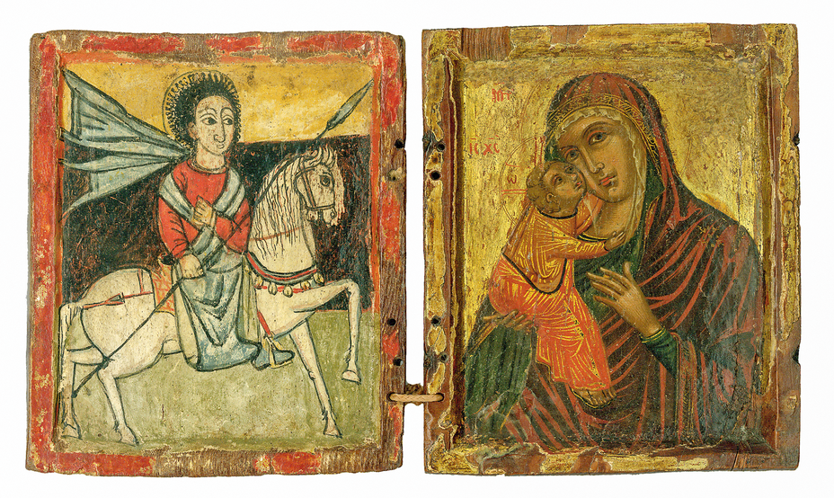 two wooden painted images linked with a cord: image of saint holding a lance and riding a horse; gilded painting of Virgin and child
