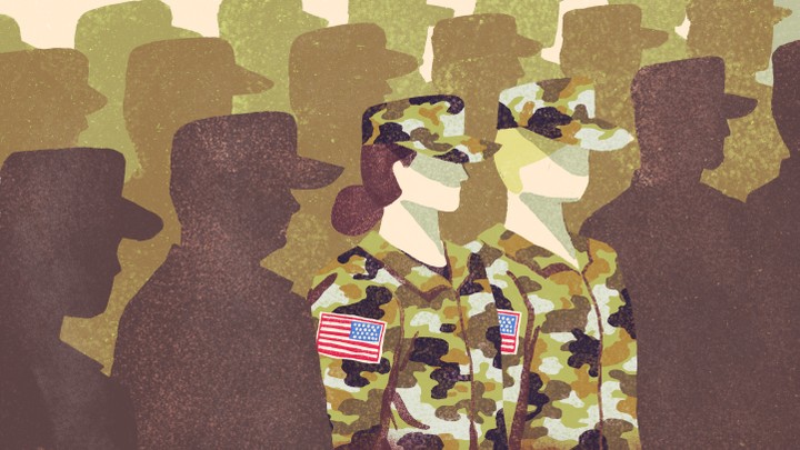 Two women in Army fatigues stand in a sea of silhouettes of male soldiers