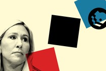 Photo-illustration of Marjorie Taylor Greene with elements of the NPR and PBS logos