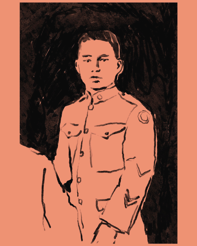 Illustration with black sketch of a man in a military uniform, on a dark-orange background.