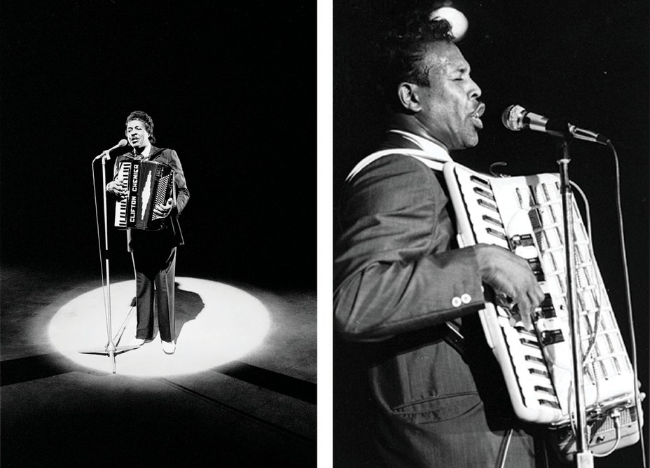 two black-and-white photos: man standing at microphone in spotlight holding accordion and singing; side view of man playing large accordion and singing into mic