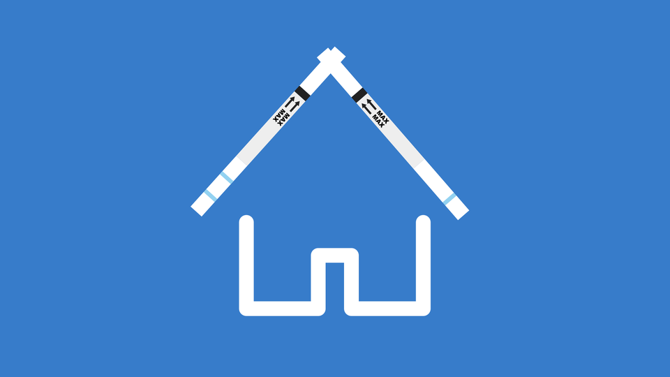 The white outline of a house against a blue background. Its roof is represented by two test strips.