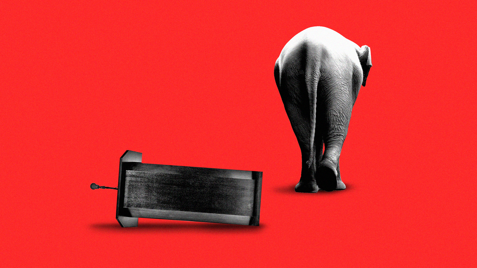 Illustration of an elephant walking away from a knocked-over podium