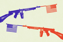 Illustration of two rifles with American flags coming out of their barrels--one blue and one red