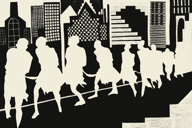 black-and-white block illustration of silhouettes of a line of chained people in tattered clothes in front of a city skyline