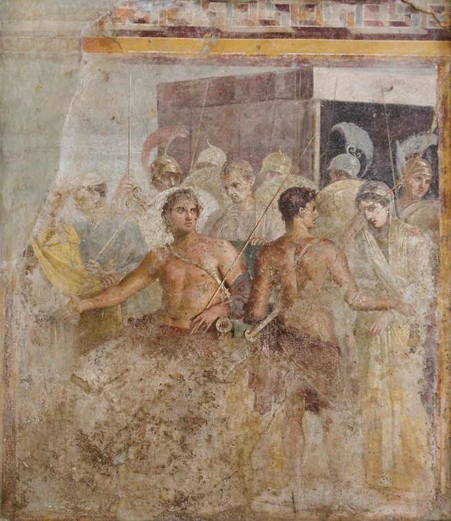 A first-century fresco depicts Briseis (right) being led from the tent of Achilles (left)