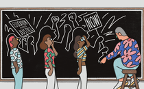 An illustration of a teacher sitting on a stool, drawing pictures of a civil-rights protest on the chalkboard, while students look on. The protesters' signs say "Education and Justice" and "NOW."