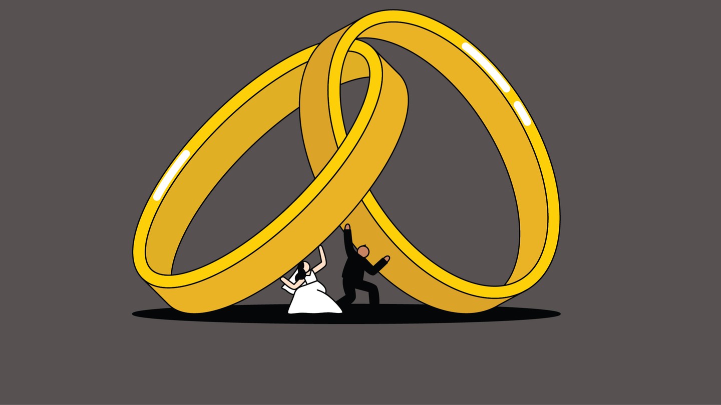 an illustration of a bride and groom attempting to hold up two giant wedding rings