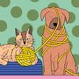 A cat and dog play with a ball of yarn in the shape of a smiley face.