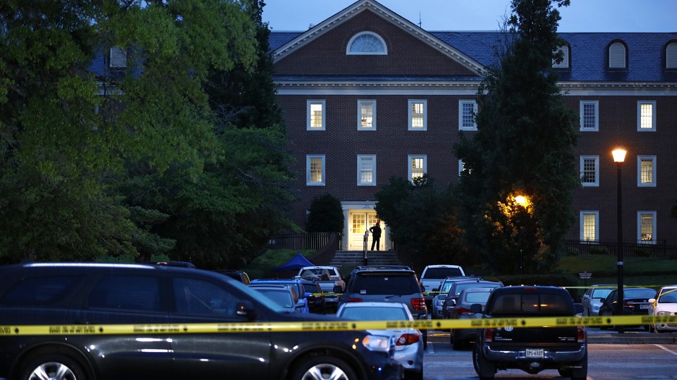 The municipal building, the scene of the shooting, surrounded by yellow tape