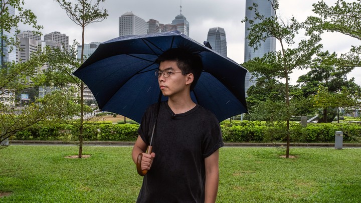 Joshua Wong, a pro-democracy activist, arrives to take part in a strike at Tamar Park after his release from jail in Hong Kong on Monday, June 17, 2019.