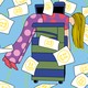 An illustration of a woman lying across a photocopier with sheets of paper flying around showing happy faces.