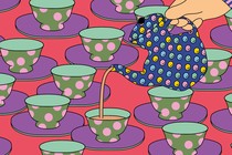 An illustration of a teapot pouring out tea into many cups.