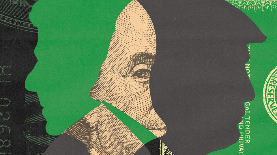 An illustration featuring a dollar bill's Ben Franklin together with silhouettes of Reagan and Trump