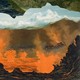 A collage of mountains, magma, lava, plant life, and igneous rock