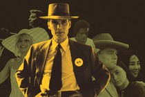 A collage of images from the films “Barbie,” “Oppenheimer,” “Maestro,” “Killers of the Flower Moon,” and “The Color Purple”