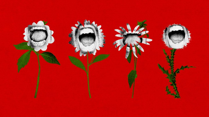 An illustration of flowers with shouting mouths