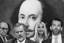 An illustration of the Rudy Giuliani, Jerry Falwell Jr., Ivanka Trump, and Don Jr. in front of a picture of Shakespeare.